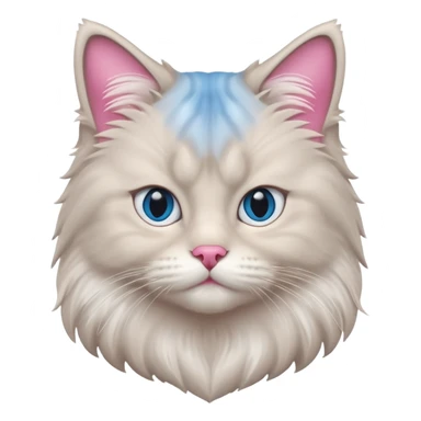 Fluffy Siberian cat face emoji, white and grey long hair, bright blue eyes, pink nose, friendly expression, 3D vector style, isolated on white background. sticker