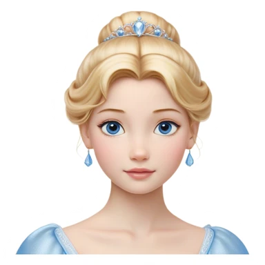 Cinematic Realistic Cinderella Portrait, depicted with lifelike skin texture, subtle rosy undertones, and soft natural lighting that enhances the gentle contours of her face. Her intricately detailed golden blonde hair is elegantly styled in an updo, with delicate wisps framing her face for added realism. Her deep, expressive blue eyes radiate warmth and sincerity, reflecting a quiet resilience and grace. She is dressed in her iconic ball gown, the fabric shimmering with intricate embroidery and fine translucent layers that catch the light beautifully. The soft sheen of satin gloves and the delicate sparkle of a glass-like slipper peeking from beneath her dress add a touch of magical realism. The portrait features an enchanting glow with a natural, luminous finish, seamlessly blending realism and fairytale charm to evoke a sense of depth, elegance, and timeless beauty. sticker