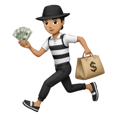 Make a man wear a black pant and he shirt is balck line and white line and wear a black hat and he holding a money bag and he running he wear a black eye thing no money in the Left hand and he yellow and the money bag in the right he wear a flip flop like this is Money bag 💰 NO MONEY sticker