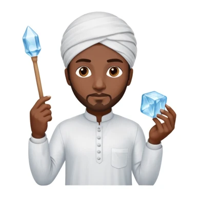 Pakistani street ice seller holding an ice pick in one hand and a large ice cube in the other, wearing shalwar kameez, confident stance, focused face, 3D, shiny, minimal, iPhone emoji look, plain white background sticker