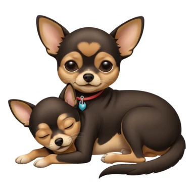A high-resolution photo-realistic digital illustration of a  black with a bit of tan chihuahua with eyes closed shut sleeping lazily on the ground sticker