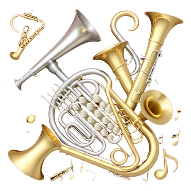 Create a festive and elegant emoji collage featuring a bouquet or fan of bells of wind instrument  (trumpets, saxophones, trombones, tubes, etc.) arranged in a radiant, symmetrical pattern. The instruments should have polished, golden and silver finishes, with their large, shiny bells forming a beautiful, fan-like display. Include a flowing ribbon of musical notes swirling through the center, conveying movement and melody. The background should feature a deep red velvet texture, adding a touch of luxury and sophistication. The overall composition should be balanced, with an elegant and regal feel, with a transparent background to keep focus on the instruments and musical elements. sticker