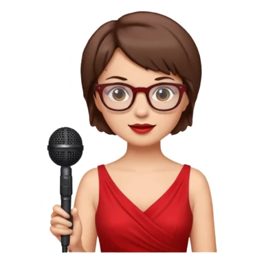 singer, Old, brown short hair, holding mic, red dress, glasses sticker