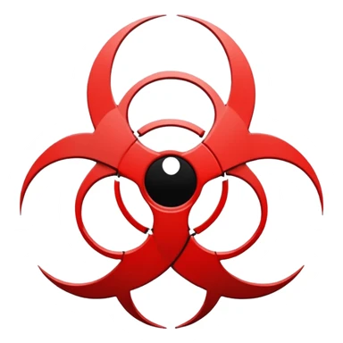 Minimalist emoji-style sticker of a fractured biohazard symbol with a small eye in the center. Stylized, geometric, no text.
 sticker