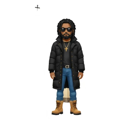 African American man with shoulder length black dreadlocks with black beard wearing black sunglasses wearing a black bubble winter coat  wearing denim skinny jeans and timberland boots standing in front of a Christian church sticker