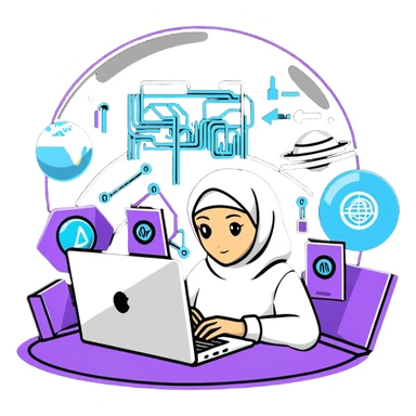 computer engineer with white hijab immersed in augmented reality, surrounded by floating metaverse elements, digital codes, virtual machines, tech graphics sticker