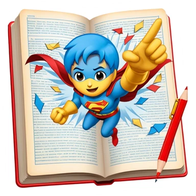 Create a vibrant emoji representing comic books and graphic novels. The design should feature a large, open comic book or vintage comic magazine with pages displaying classic comic art, with text. The comic pages should have bold, dynamic panels and action scenes. Include a pencil writing on the pages, but without a hand, to symbolize the artistic creation of comics. Use bright colors like red, blue, and yellow, with a retro feel to the design. Make the background transparent. sticker
