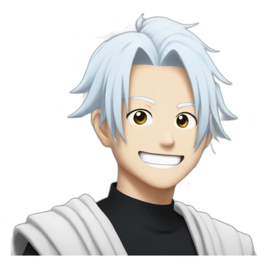 gojo satoru smiling from jujutsu kaisen with white hair, blue sky eyes, wear a black tshirt sticker