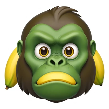 A cartoon banana with a forest green gorilla face, big nostrils and menacing expression sticker