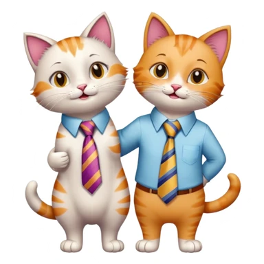 happy girl cat with eyelashes wearing a colorful necktie and happy boy cat wearing a professional necktie standing together and holding paws, both with loving expressions sticker