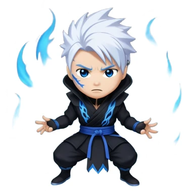 Gabimaru the Hollow, surrounded by blue flames, white hair, black ninja outfit, fierce look sticker