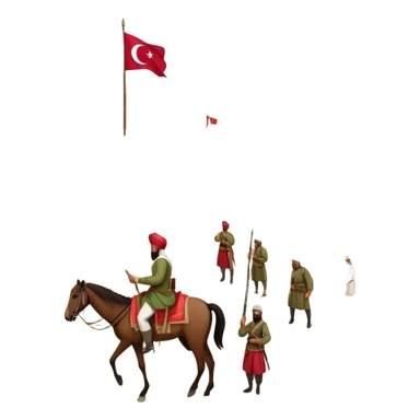 Early Ottoman settlement being built. Wooden houses, tents, and a small market. People in traditional Ottoman clothes, soldiers on horseback, and a flag waving sticker