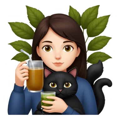 Brunette girl holding a big black cat and drinking a Yerba mate sticker