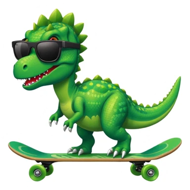 Green dinosaur on a skateboard with a chain and pixel sunglasses sticker
