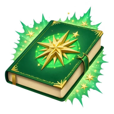 A **green, glowing book** with **golden edges**, floating with **sparkles and magical wisps** around it. The cover features a **golden starburst sigil**, symbolizing charm and radiance. ✨📖 sticker