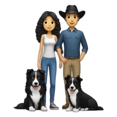 Family formed by a White man on hat and a White woman with long black hair and a small black border collie dog sticker
