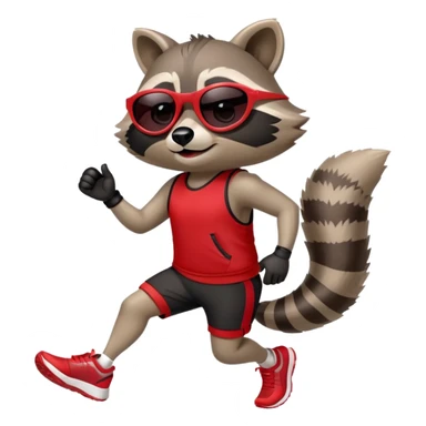 friendly anthropomorphised raccoon in sports wear, wearing dark sunglasses, jogging upright in standard pose sticker
