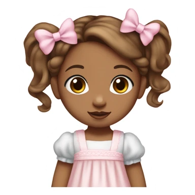 Little  babygirl with light brown skin, blue eyes. Light brunette wavy hair in two ponytails, with light pink bows.  She is wearing a light pink and White dress, holding a teddybear with a pink bow. sticker
