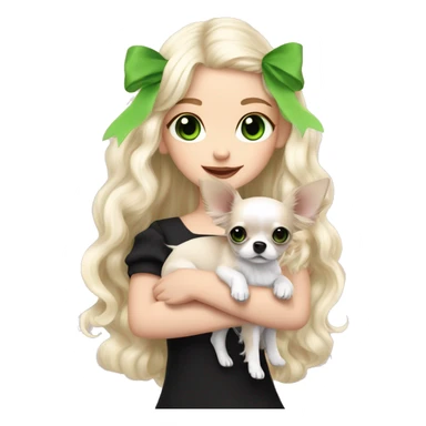 pale blonde girl with long platinum white wavy hair with bright green eyes and wearing a light pink hair bow holding a black and white long haired chihuahua puppy also wearing a hair bow sticker