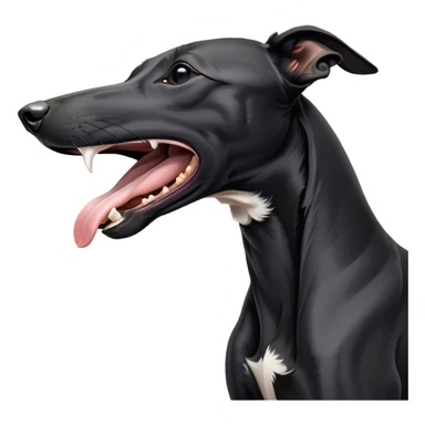 Cinematic Cute Yawning Black Greyhound Portrait Emoji, Head tilted slightly with a dramatic, wide-open yawn, showcasing a sleek black Fur with a polished finish, floppy ears slightly drooping, round dark eyes barely open in drowsy contentment, Simplified yet irresistibly adorable features, highly detailed, glowing with a soft, cozy glow, high shine, relaxed yet expressive, stylized with a touch of whimsy, bright and endearing, soft glowing outline, capturing the essence of a sleepy yet affectionate racer, so drowsy it feels like it could stretch out of the screen and curl up for a nap! sticker