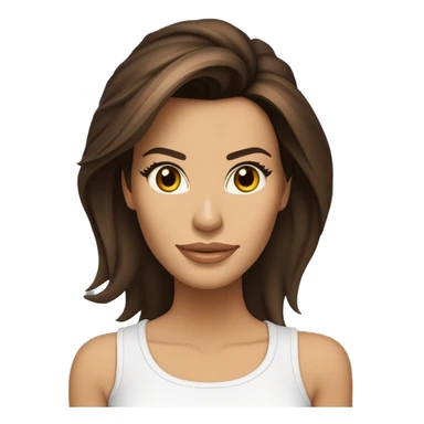visage 3/4, contrasté, ombre, lumière, expression eva longoria, debout de loin, nez fin, femme brune, yeux noisette, longs cils, cheveux foncés dégradés épaule, t-shirt blanc, jean, baskets blanches sticker