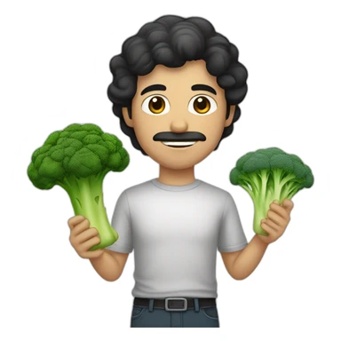 a slender mexican man with dark hair and stubble holding a broccoli sticker