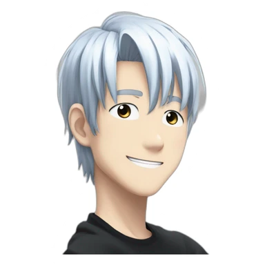 gojo satoru from jujutsu kaisen with white manga hair style, blue sky eyes and wear a black tight tshirt smiling sticker