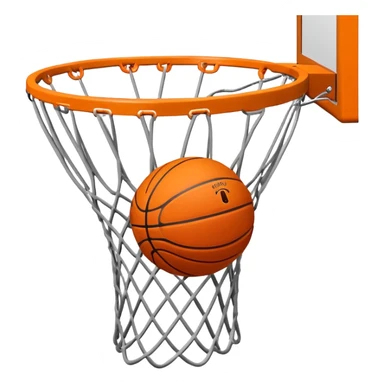 Orange Spalding basketball inside basketball net, viewed from below the hoop, minimalist design, iOS emoji style sticker