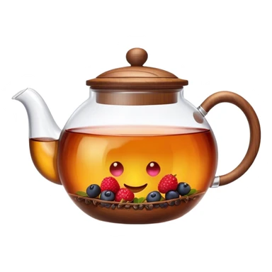 A cinematic realistic emoji with an attractive image of a transparent teapot with a realistic wooden lid filled with tea with berries, rich texture and warm, festive lighting. sticker