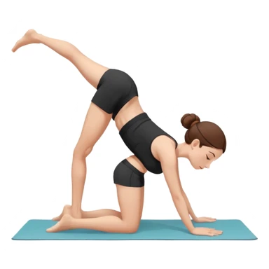 "Minimalist flat vector illustration of a woman doing yoga in forward fold pose (Uttanasana), wearing sportswear (white top and black shorts), brown hair in a bun, clean white background, no face details, elegant style" sticker