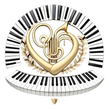 Create an elegant and festive emoji collage representing keyboard instruments, styled like a heraldic emblem. The design should feature a central focal point of black and white piano keys, arranged in a semi-circular or shield-like shape. Around the piano keys, add intertwining musical notes that form flowing ribbons, creating a dynamic and celebratory atmosphere. The design should be professional, with polished silver and gold accents on the keys and notes, highlighting the luxury and sophistication of the instruments. Add subtle shading and lighting effects to give the design a refined, 3D appearance. The background should remain transparent, and the overall feel should evoke grandeur, artistry, and a sense of celebration. sticker