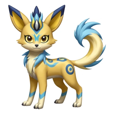 Feral Lightning-patterned Zig-zagged buzzy fuzzy Meloetta-Renamon-Zeraora-Luxray-Cobalion-Suicune-Vernid-fusion-hybrid-creature, full body  sticker