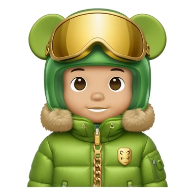 bearbrick with lime balaclava and logo tags, wearing large mirrored monolens ski visor shield covering entire upper face like sports goggles, puffy jacket with fur trim, gold chains sticker