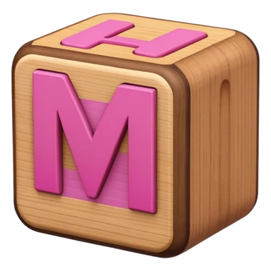 A rounded toy block with the pink letter "M" on it sticker