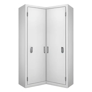 Simple L-shaped corner closet made of smooth white PVC, emoji-style. Two plain doors, one on each side, opening outward like a book from the corner.  sticker