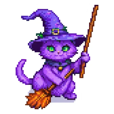 Make the purple witch cat with broom fly in pixel art style with no background, transparent background. sticker
