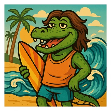 Transform the gangster alligator cartoon into a surfer beach bum with brown hair and a relaxed vibe. Add beach elements like a surfboard or waves around him, keeping the cartoon style consistent and fun. sticker