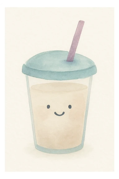 watercolor style drink with a soft, whimsical look and a cute face sticker
