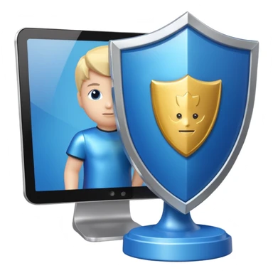 a computer screen with a shield and a child's figurine sticker