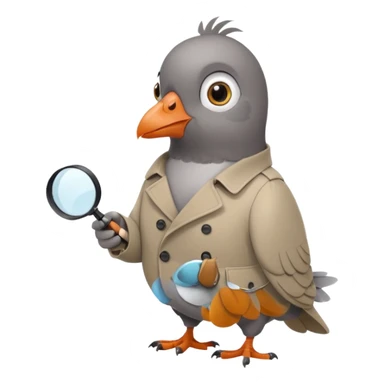 a cartoon pigeon with a trench coat and magnifying glass, looking sneaky sticker