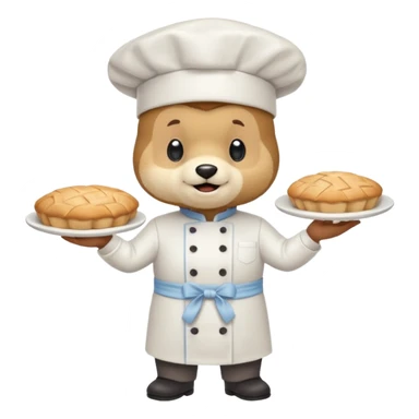 quiero un oso de pie con un delantal de pastelería y un gorrito de chef que una mano tenga una manga pastelera y este feliz divertido sticker