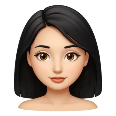 Feminine woman Softly rounded, healthy face — slightly curvy and feminine, not overweight.
Warm tan skin, brown eyes with long lashes, full glossy lips, gentle smile.
Shoulder-length black hair framing the face.
Clean, polished emoji look, soft shading, neutral background. sticker