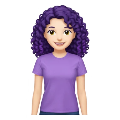 mujer blanca con cabello largo rizado negro sonriendo con camiseta lila sticker