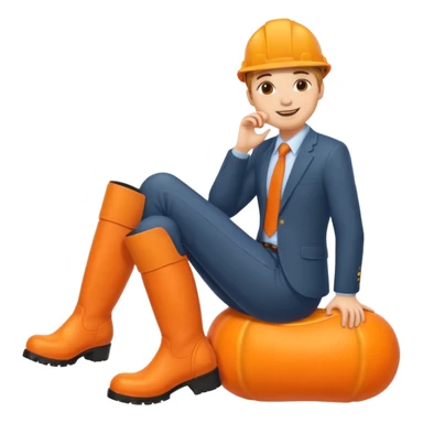 Office worker kneeling and kissing a large orange boot sticker