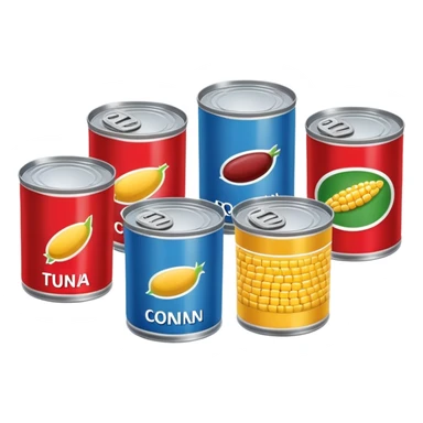 Four different canned food items in a row, soup can, beans can, corn can, tuna can sticker