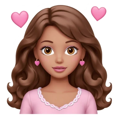 Barbie girl brown long wavy hair and brown eyes is In pale pink clothes There are pink hearts all around sticker