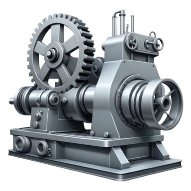 An icon featuring a giant machine tool in a factory, manufacturing machines. The design includes gears, mechanical parts, and a production line, representing the art of mechanical engineering and industrial design. Transparent background highlights precision engineering and manufacturing processes. sticker