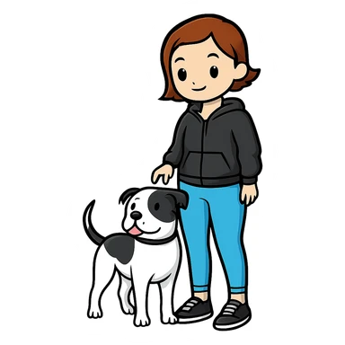 Make the pitbull black and white while keeping the woman and the overall style the same. Remove the background. sticker