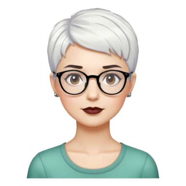 White woman with short pixie white hair glasses, dark brows sticker