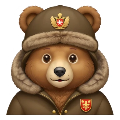 Cute brown bear in Russian fur ushanka hat with coat of arms pin, front view, iOS emoji style sticker